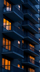 City apartment building at dusk, illuminated windows, balconies, urban night scene, perfect for real estate or architecture websites.