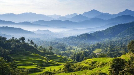 Obraz premium Lush Green Rice Terraces and Misty Mountain Ranges