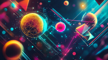 Neon Cubes and Lines - Abstract Digital Art, Abstract Neon Cubes
