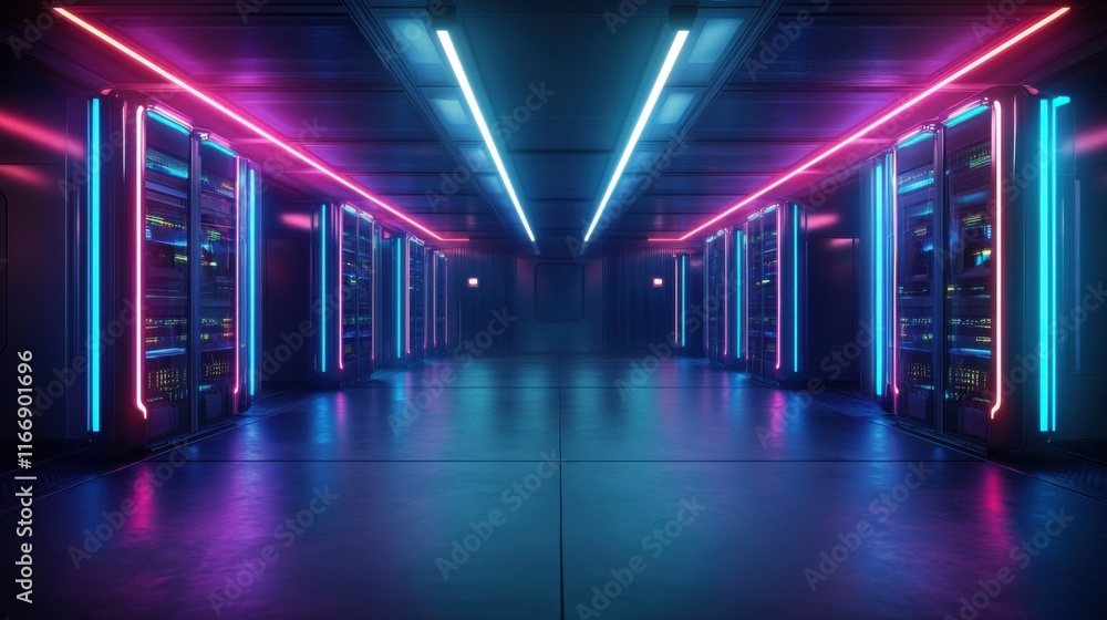 Poster neon-lit data center with modern server racks and futuristic atmosphere in cyberpunk style