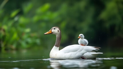 Obraz premium A mother duck and her duckling swimming in the water
