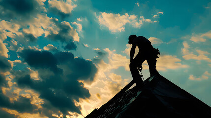 A silhouette of a roofer doing maintenance work on a roof with expansive blue sky in the background, 