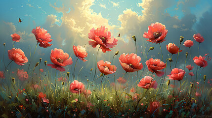 Obraz premium A vibrant painting of flowers against a blue backdrop.