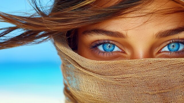 A woman with blue eyes peeking out from behind a burlap veil