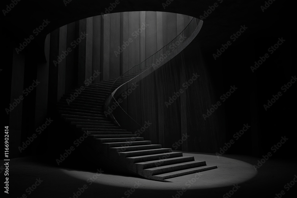 Poster a staircase spiraling into the sky, dissolving into streaks of light and shadow