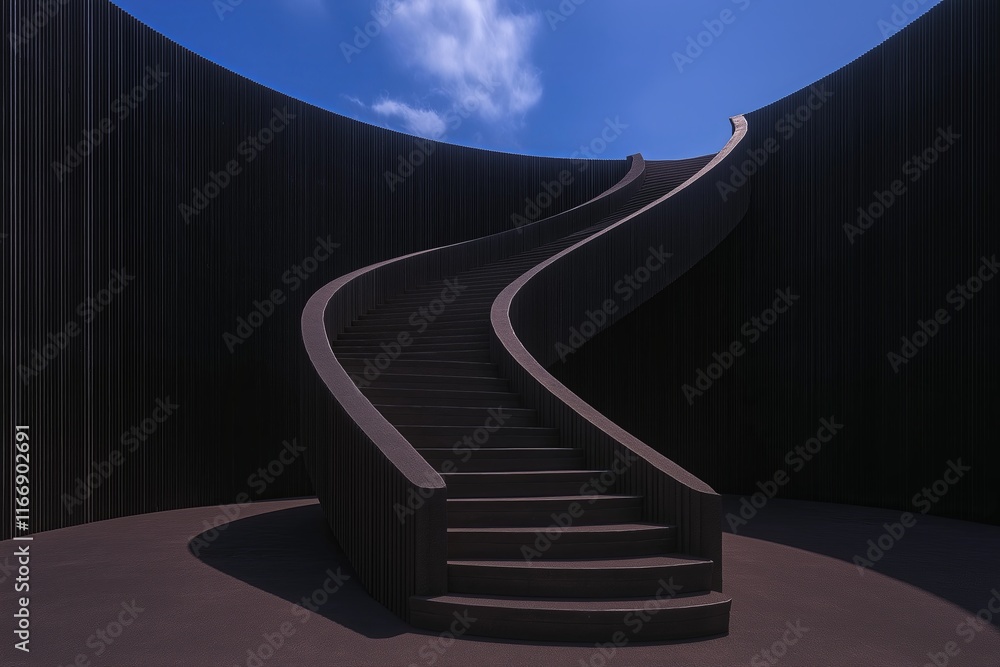 Poster a staircase spiraling into the sky, dissolving into streaks of light and shadow