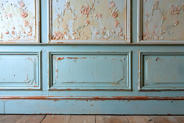 vintage wall with delicate floral designs, showcasing peeling paint and rustic charm. soft blue color adds serene touch to aged texture - obrazy, fototapety, plakaty