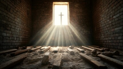 Obraz premium A cross is seen through a window in an abandoned building