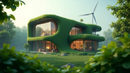 A modern eco-friendly home surrounded by lush greenery, emphasizing sustainability and innovative architectural design.