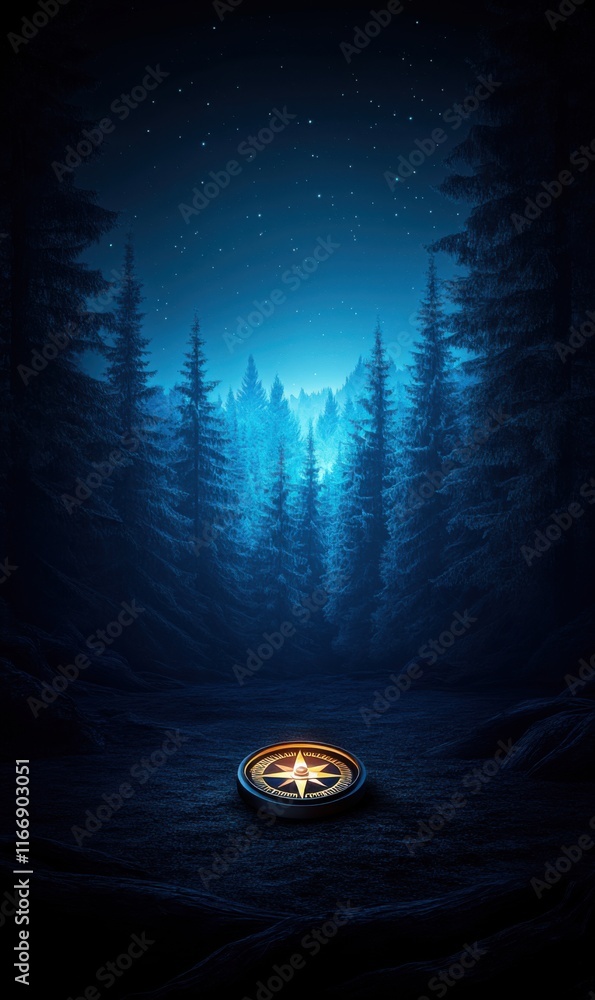 Aufkleber enchanted forest with shimmering compass under a starry sky surrounded by tall pine trees