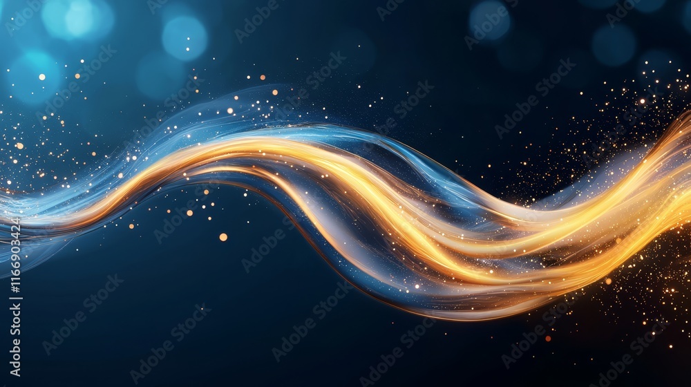 Poster A blue and gold abstract background with a wave of light