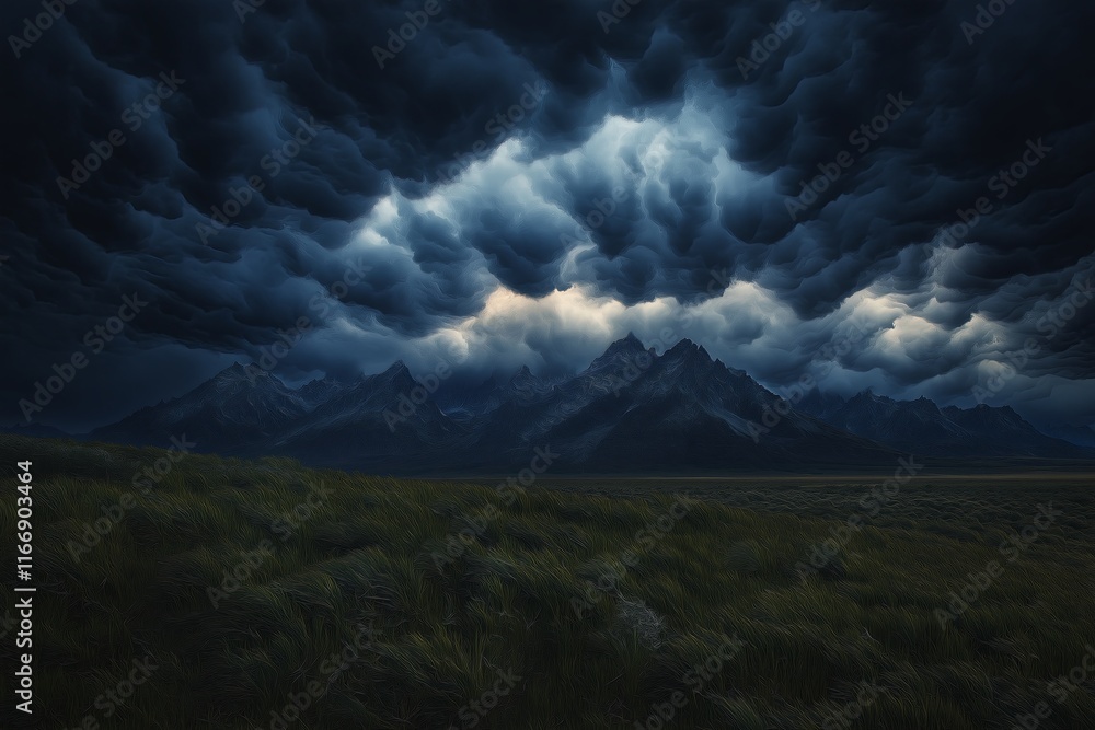 Poster a stormy sky with exaggerated swirling clouds over a jagged, abstract mountain range.
