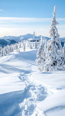 Snow-covered mountain path leading to a distant structure, winter landscape, serene background, ideal for travel or winter sports promotion.