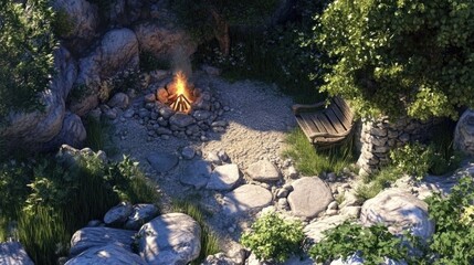 Cozy Campfire Scene Surrounded by Nature and Rocky Landscape