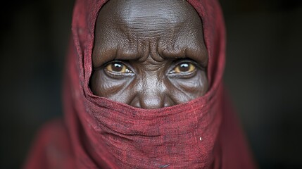 Fototapeta premium A close up of a woman's face with a red veil covering her face