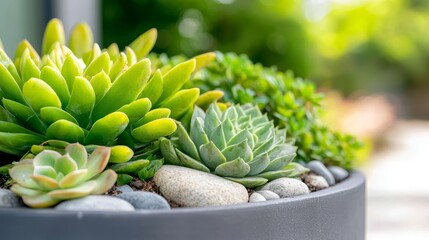 A close up of a planter filled with succulents and rocks
