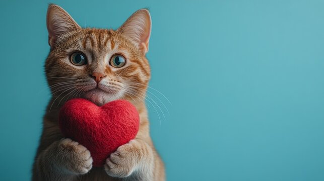 Orange Tabby Cat Holding Red Heart Against Blue Background, copy space - Powered by Adobe