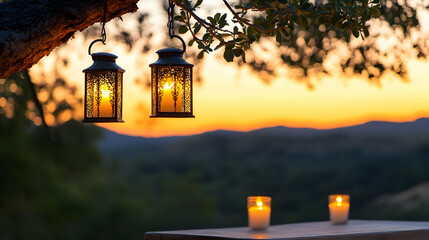 Romantic sunset scene with lanterns hanging from a tree, candles on a table, and a mountain range in the background; perfect for wedding invitations or romantic travel brochures.