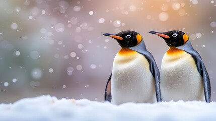 Fototapeta premium Two penguins standing next to each other in the snow