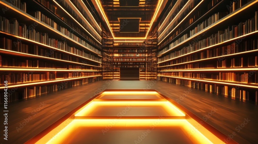 Aufkleber Illuminated Library Corridor With Bookshelves and Warm Lighting