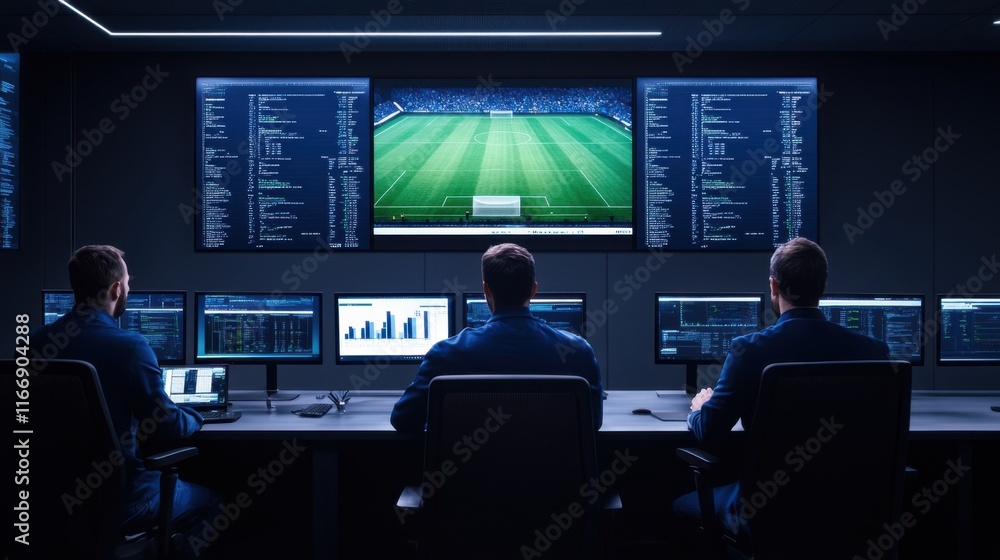 Poster data analysts monitoring sports match on multiple screens in modern control room environment
