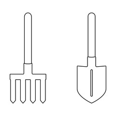 Gardening tools on a white background. Linear icon, illustration.  Editable stroke. Small rake and a garden shovel, shovel with a short handle. Line thickness can be changed.
