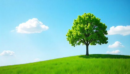 A small green tree with lush foliage growing on a grassy mound against a plain background, natural landscape, Tree in meadow, lone tree on hill, created with generative ai
