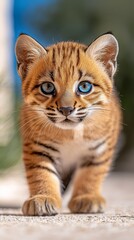 A small kitten with blue eyes walking on the ground