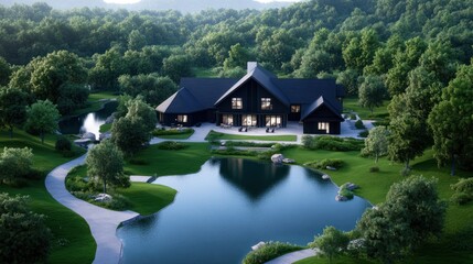 Fototapeta premium Serene modern house by a tranquil pond in a lush landscape.