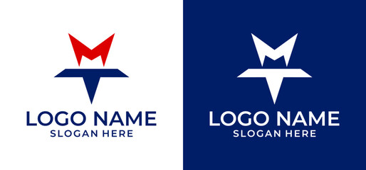 Obraz premium Vector illustration of the initial letter mt logo star in blue and red color.