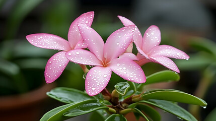 Fototapeta premium Pink Plumeria flowers with water droplets, close-up shot, garden background, perfect for websites or blogs.