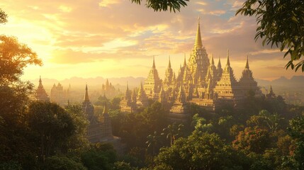 Tranquil Morning at Majestic Buddhist Temple - 3D Render of Serene Sunrise with Golden Spires and Lush Gardens