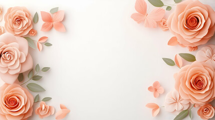 Peach paper flowers frame, blank space, wedding invitation design, greeting card background.