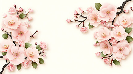 Fototapeta premium Pink cherry blossoms frame a white background, ideal for spring greetings or website banners.