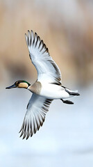 Obraz premium Wigeon duck in flight over a blurred coastal wetland; wildlife photography for nature documentaries and websites.