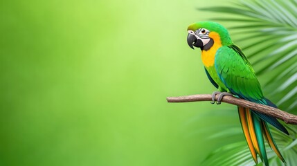 A vibrant parrot perched on a branch against a green background.