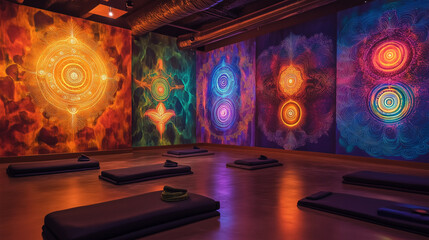 Obraz premium A serene yoga sanctuary with walls painted with glowing chakra symbols and complex, flowing patterns