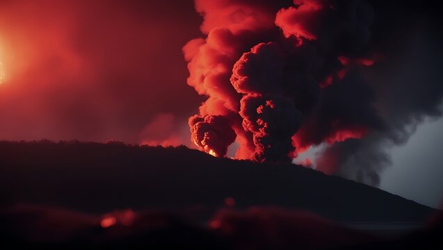 A gripping cinematic keyframe showcasing a foreboding scene where dark, ominous smoke clouds swirl menacingly, bathed in the haunting glow of deep, fiery red light