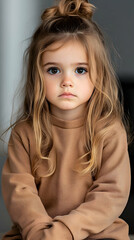 Adorable toddler girl portrait, serious expression, indoor setting, blurred background, ideal for children's products.