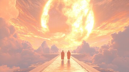 Tranquil Serenity - Surreal Illustration of Buddhist Heaven with Monks Walking on Air, Floating Monastery, and Glowing Energy - Digital 3D Render Concept