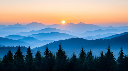 Obraz premium Serene sunrise over misty mountain range, coniferous forest in foreground; ideal for travel, nature, or calmness themes.