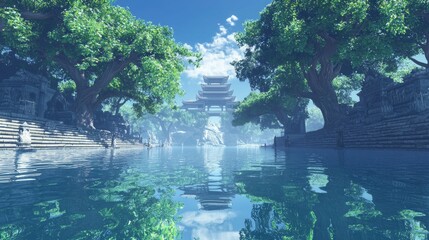 Tranquil Buddhist Paradise with Knowledge-bearing Trees and Clear Waters - Ultra-Detailed 3D Render Artwork