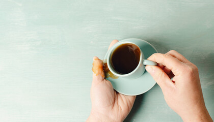 Cup of coffee with spilled drink, wake up in the morning, caffeine, take a break, stress,...