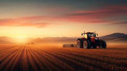 Obraz premium Majestic Tractor on Wheat Field at Sunset with Mountains in Background and Vibrant Sky Colors