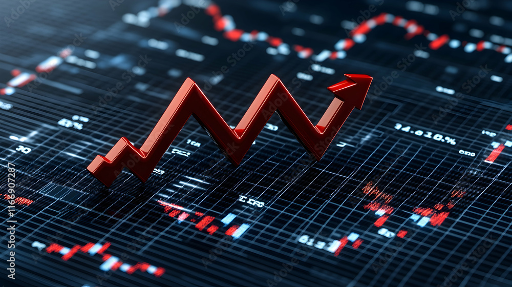 Aufkleber red arrow pointing up on financial graph; market growth; data visualization; business success; stock