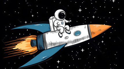 Astronaut riding a colorful rocket in space