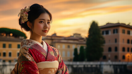 Fototapeta premium 夕暮れに包まれるベネチア広場と着物姿の日本人女性の優美な姿