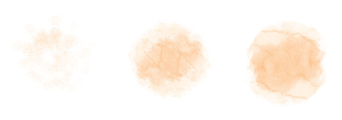 Set of abstract Orange Gold watercolor water splash on a white background. Vector watercolor texture in Orange Gold color. Ink paint brush stain. Orange Gold splatters spot. Watercolor pastel splash