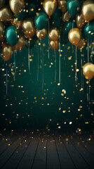 Elegant Celebration with Gold and Green Balloons and Sparkling Confetti. ai generative