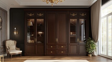 Elegant Home Interior with Dark Wooden Cabinet and Cozy Furniture